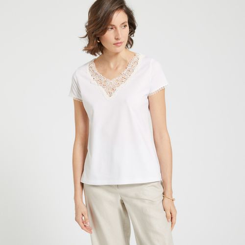 T-shirt Scollo A V, Dettaglio Guipure, Maniche Corte Donna Taglie 34/36 (FR) - 38/40 (IT) - anne weyburn - Modalova