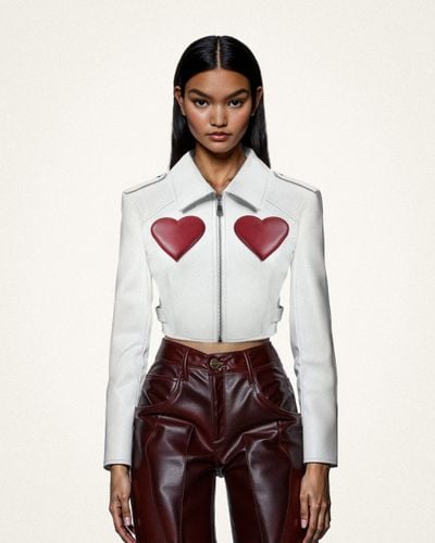 Sophie Cropped Leather Jacket - Bianco e Rosso - JW PEI - Modalova