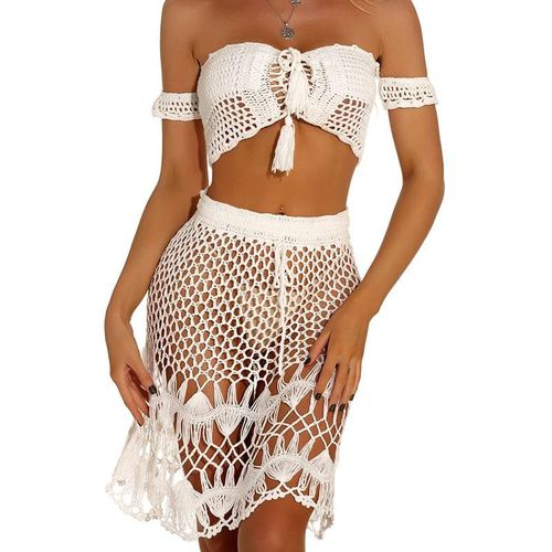 Off Shoulder Knitted Crochet Crop Top And Skirts - musthaveskirts - Modalova