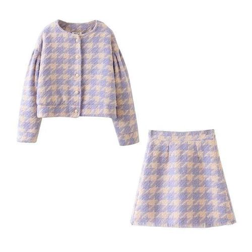 Button Check Short Skirts Long Sleeve Suits 2 Pieces Set - musthaveskirts - Modalova