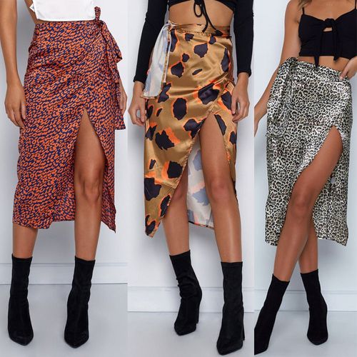 Leopard Print Wrap Bow Satin Midi Skirt - musthaveskirts - Modalova