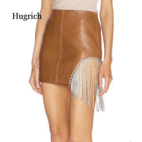 Crystal Tassel PU Leather Mini Skirts - musthaveskirts - Modalova
