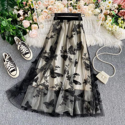 Butterfly and Flowers Embroidery Skirt - musthaveskirts - Modalova