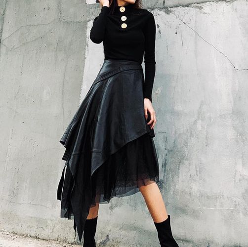 Autumn PU Leather Patchwork Black Mesh Skirt - musthaveskirts - Modalova