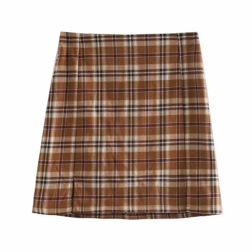 Brown Plaid Mini Skirts - musthaveskirts - Modalova