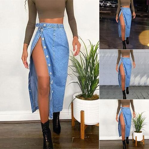 Summer Button Long Denim Skirt - musthaveskirts - Modalova