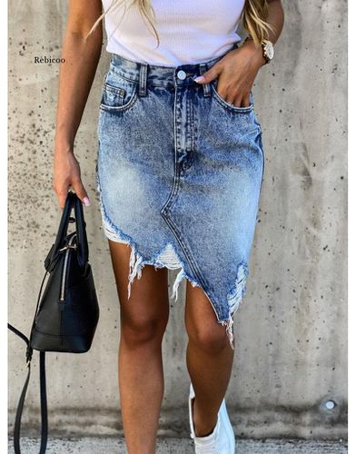Trendy Retro Washed Irregular Denim Skirt - musthaveskirts - Modalova