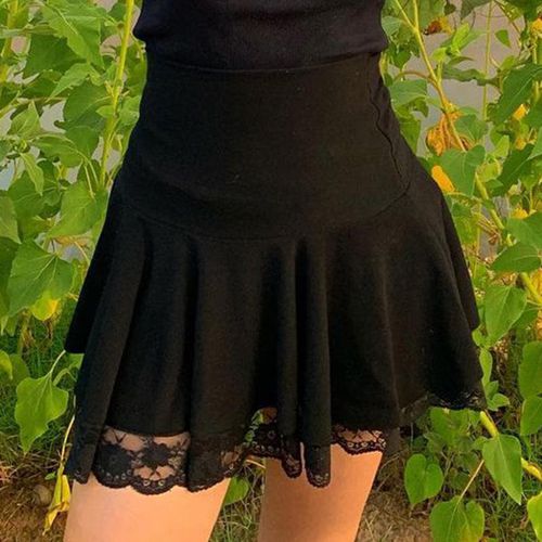 Black High Waist Lace Edged Pleated Skirt - musthaveskirts - Modalova