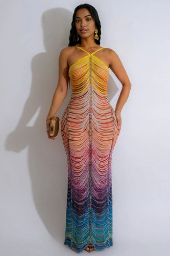 Rainbow Rhinestone Cascade Layers Mesh Sexy Halter Maxi Party Dress - AMIClubwear - Modalova