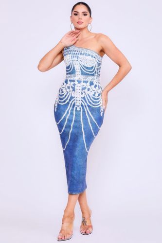 One Shoulder Denim Print Dress - KandyKouture - Modalova