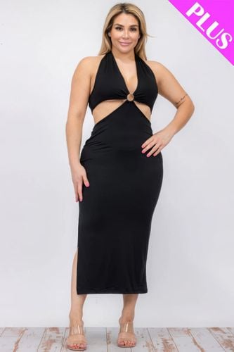 Plus Size Cut-out Halter Neck Double Back Tie Split Thigh Midi Dress - KandyKouture - Modalova