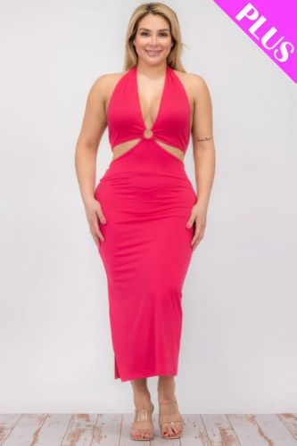 Plus Size Cut-out Halter Neck Double Back Tie Split Thigh Midi Dress - KandyKouture - Modalova