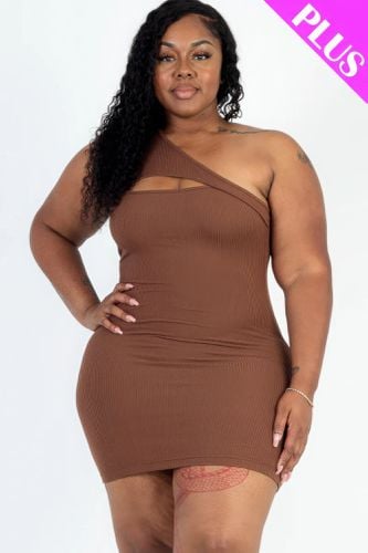 Plus Size Ribbed One Shoulder Cutout Front Casual Mini Bodycon Dress - KandyKouture - Modalova