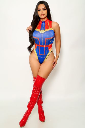 Red Blue Gold Stretchy Sexy Superhero Costume - AMIClubwear - Modalova