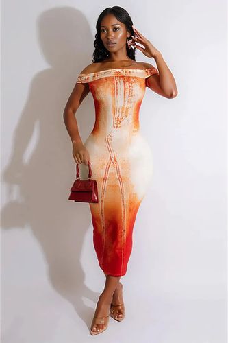 Orange Off Shoulder Distressed Denim Print Sexy Fitted Midi Dress - AMIClubwear - Modalova