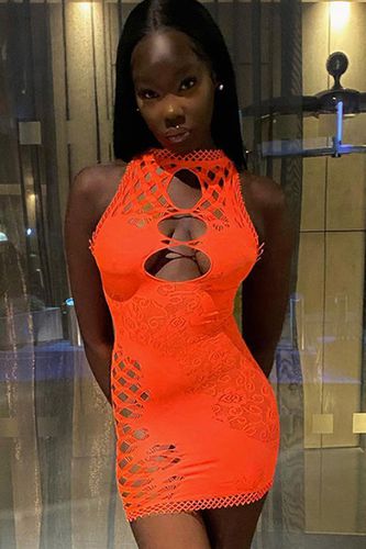 Orange Sleeveless Stretchy Netted Sexy Fitted Dress - AMIClubwear - Modalova