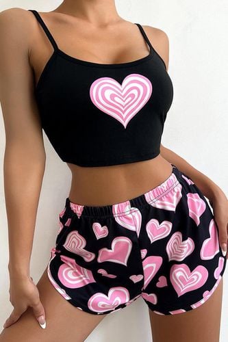 Black Pink Hearts Crop Top Booby Shorts 2Pc Sexy Pajamas Set - AMIClubwear - Modalova