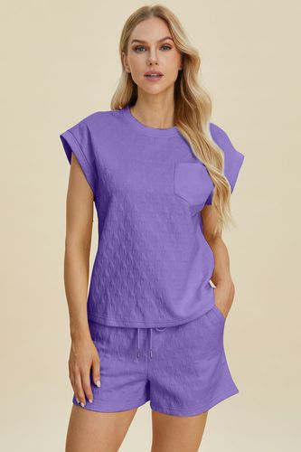 Double Take Full Size Pocketed Texture Round Neck Top and Shorts Set - Trendsi - Modalova