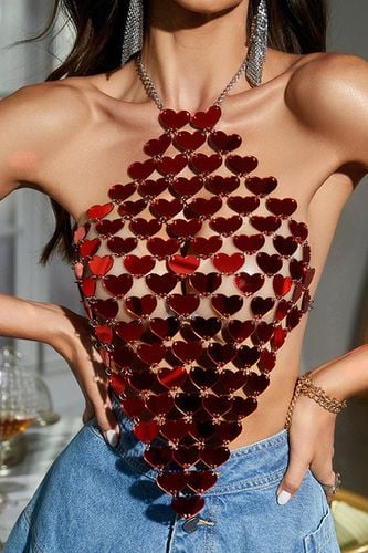 Red Heart Shape Coin Chain Halter Sexy Party Top - AMIClubwear - Modalova