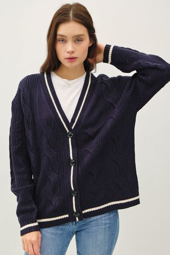 Be Cool Contrast Trim Cable-Knit V-Neck Cardigan - Trendsi - Modalova