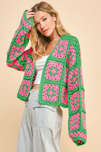 Davi & Dani Full Size Two Tone Flower Square Crochet Open Front Cardigan - Trendsi - Modalova