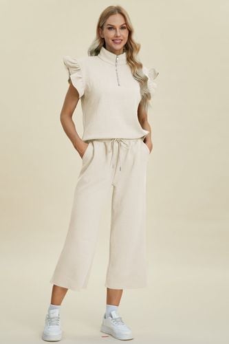 Double Take Full Size Texture Ruffle Short Sleeve Top and Wide Leg Pants Set - Trendsi - Modalova