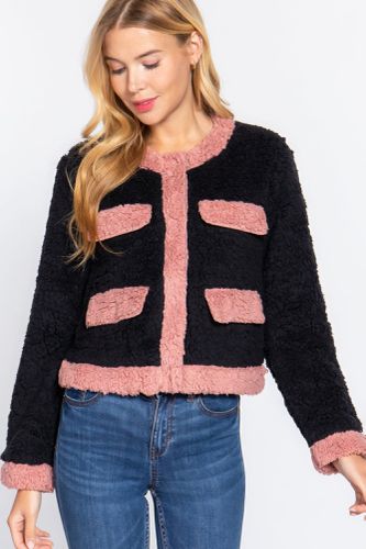 Long Sleeve Pocket Detail Faux Fur Jacket - KandyKouture - Modalova