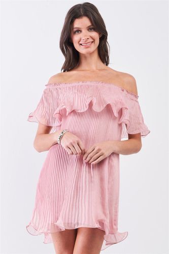 Pink Pleated Off-the-shoulder Double Layered Frill Trim Mini Dress - KandyKouture - Modalova