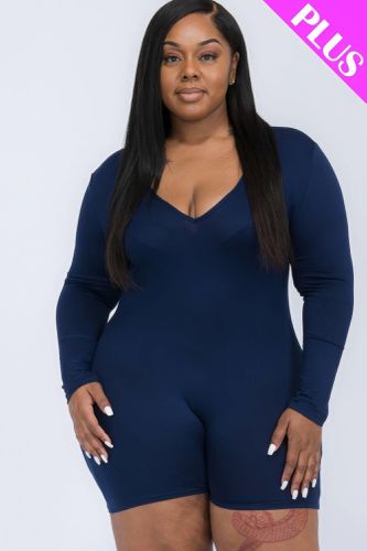 Plus V-neck Long Sleeve Bodycon Romper - KandyKouture - Modalova