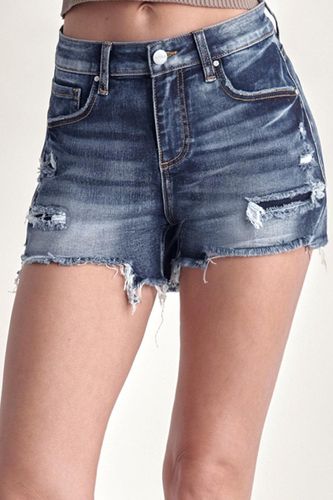 RISEN Mid Rise Raw Hem Denim Shorts - Trendsi - Modalova