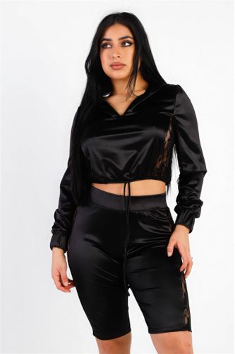 Satin Lace Details Long Sleeve Hooded Crop Top & Biker Short Set - AMIClubwear - Modalova