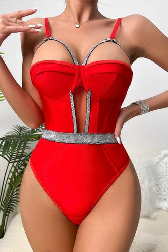 Red Silver Sparkly Strappy Mesh Cut-Out Thong Bodysuit Sexy Lingerie - AMIClubwear - Modalova