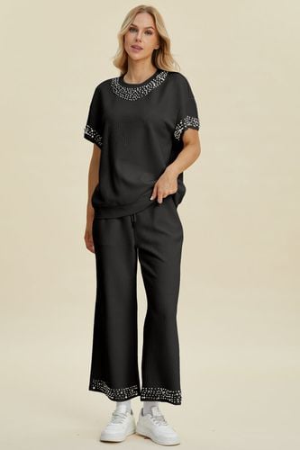 Double Take Full Size Pearl Detail Round Neck Top and Pants Set - Trendsi - Modalova