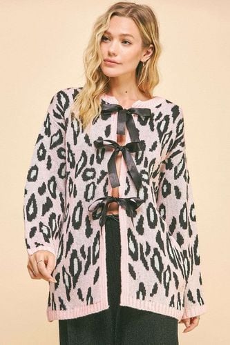 Davi & Dani Leopard Ribbon Tie Front Loose Fit Cardigan - Trendsi - Modalova