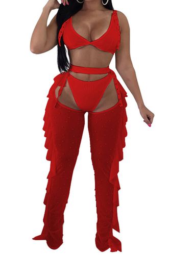 Red Buckle Pearl Triangle Top Mesh Chaps Sexy 3Pc Outfit - AMIClubwear - Modalova