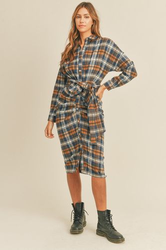 Mable Plaid Flannel Front Tie Button Down Shirt Dress - Trendsi - Modalova