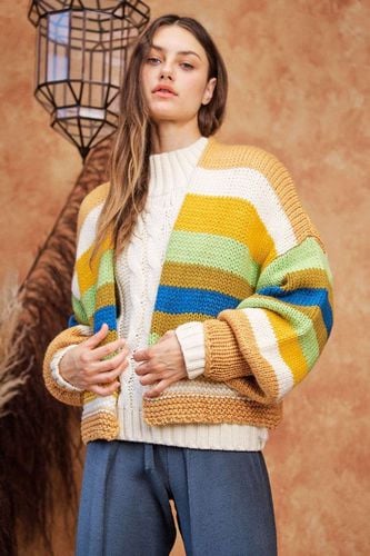 Davi & Dani Contrast Striped Open Front Lantern Sleeve Cardigan - Trendsi - Modalova