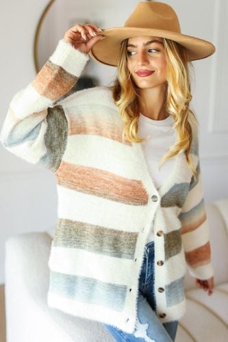 Haptics Full Size Button Down Stripe Soft Fuzzy Sweater Cardigan - Trendsi - Modalova