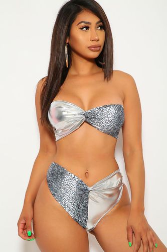 Metallic Silver Snake Dolly Knot High-Waist Bikini - Kandy Kouture - Modalova