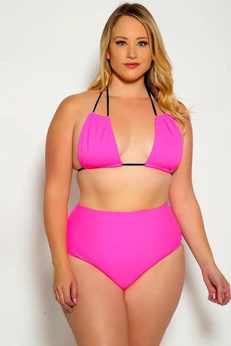 Neon Pink Black Plus Size Strappy Halter High Waist Two Piece Swimsuit - AMIClubwearStore - Modalova