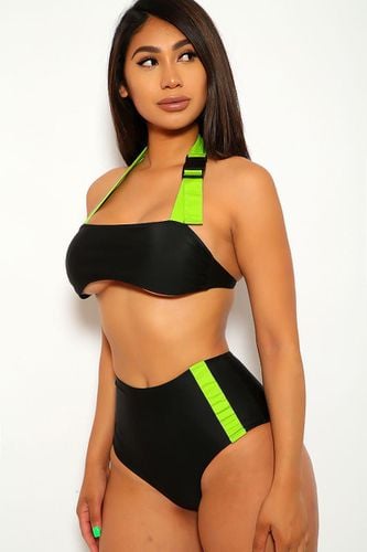 Black Neon Lime High Waist Two Piecen Swimsuit - AMIClubwearStore - Modalova