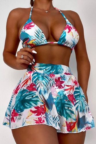 Blue Floral Print Cheeky Three Piece Swimsuit - AMIClubwearStore - Modalova