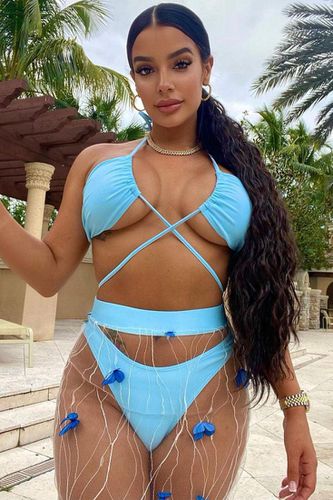 Blue Strappy Butterfly Mesh Cheeky Sexy Three Piece Swimsuit - AMIClubwearStore - Modalova