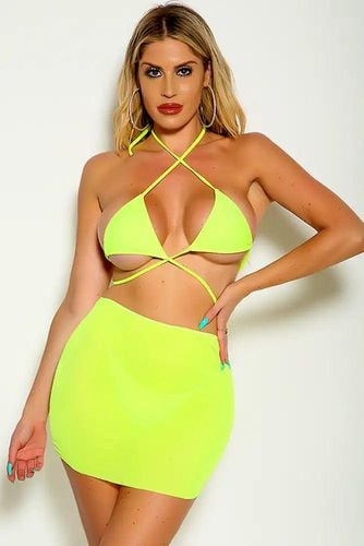 Lime Halter Triangle Skirt Cover Up Three Piece Swimsuit - AMIClubwearStore - Modalova