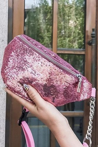 Pink Sequin Chain Straps Fanny Pack - AMIClubwearStore - Modalova