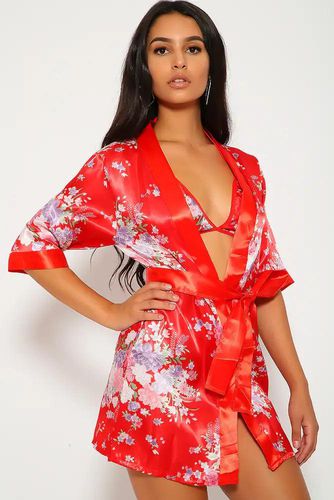 Red Floral Print Satin Sexy Geisha 3 Piece Kimono Costume - Kandy Kouture - Modalova