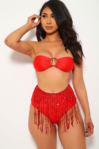 Red Fringe Sequins Bandeau Two Piece Swimsuit - AMI Clubwear - Modalova