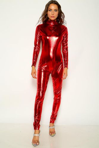 Red Long Sleeve Zip Up Faux Leather Jumpsuit - AMIClubwear - Modalova