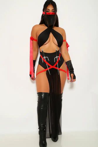 Sexy Black Red Ninja Assassin 5 Piece Halloween Costume - AMI Clubwear - Modalova