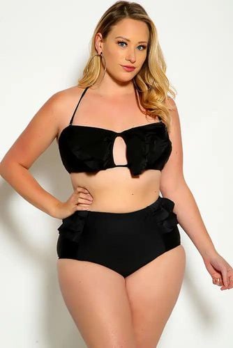 Sexy Black Ruffle Accent Padded High Waist Two Piece Plus Size Bikini - Kandy Kouture - Modalova